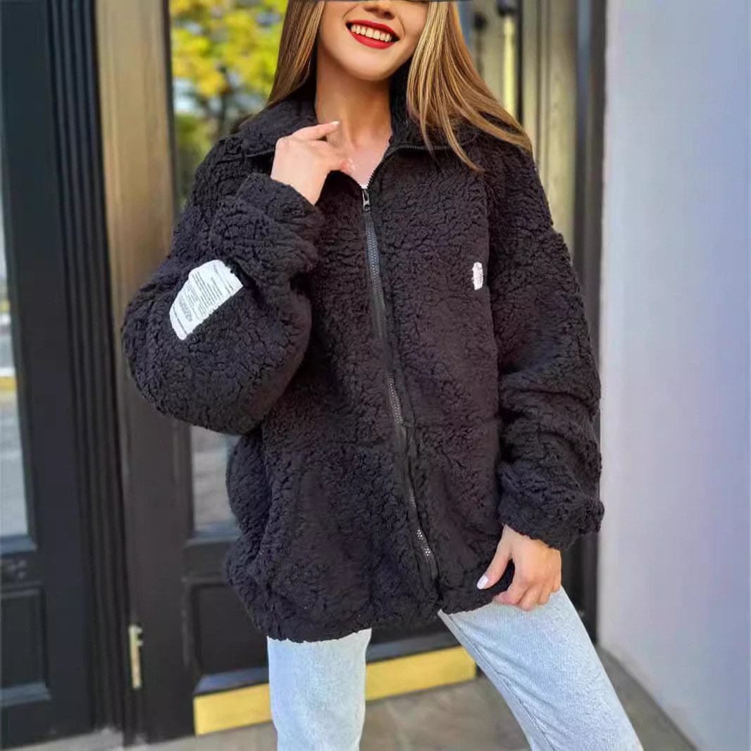 Women's Plain Sherpa Jacket Zipper Regular Loose Teddy Jacket