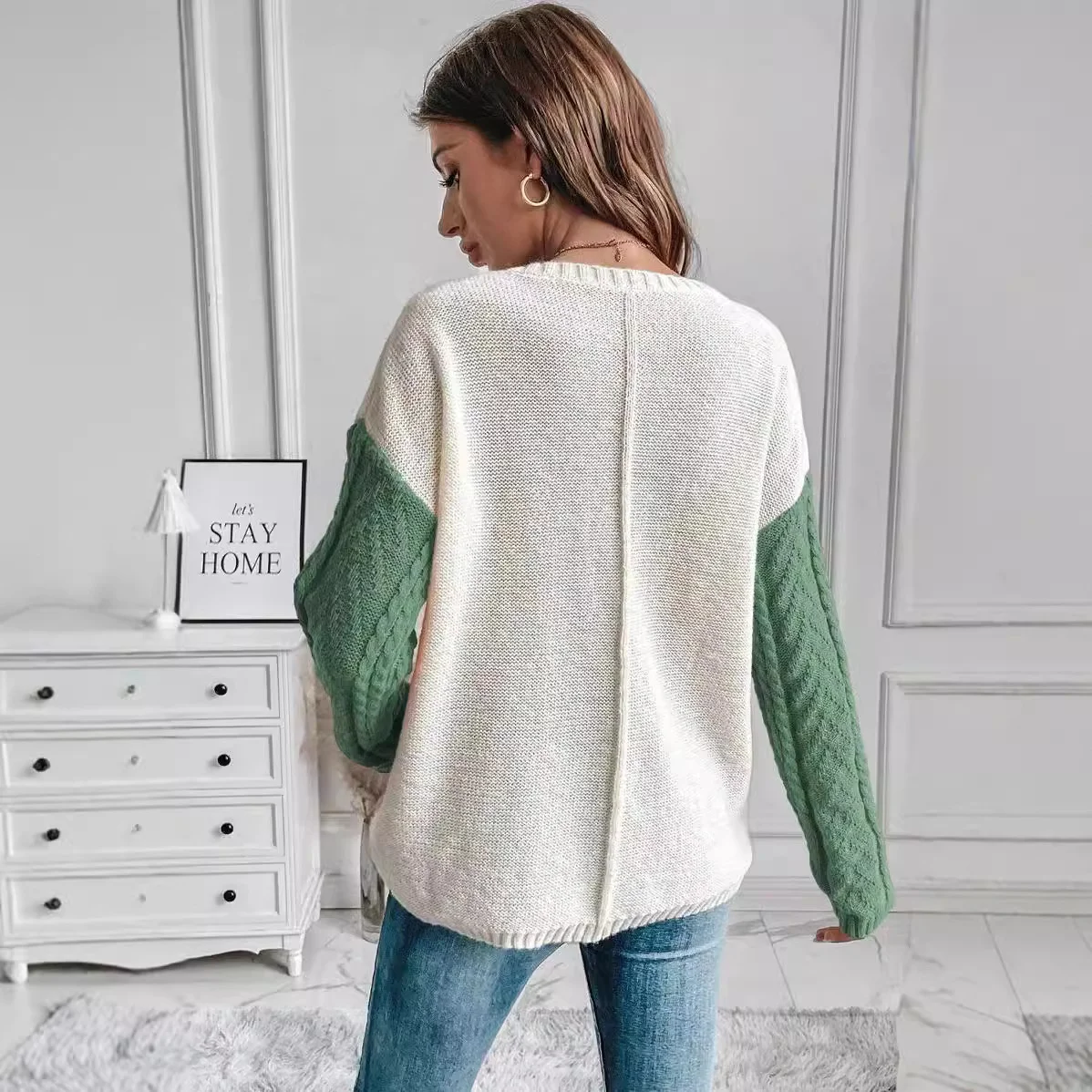 Women Wool/Knitting Color Block Long Sleeve Comfy Casual Sweater