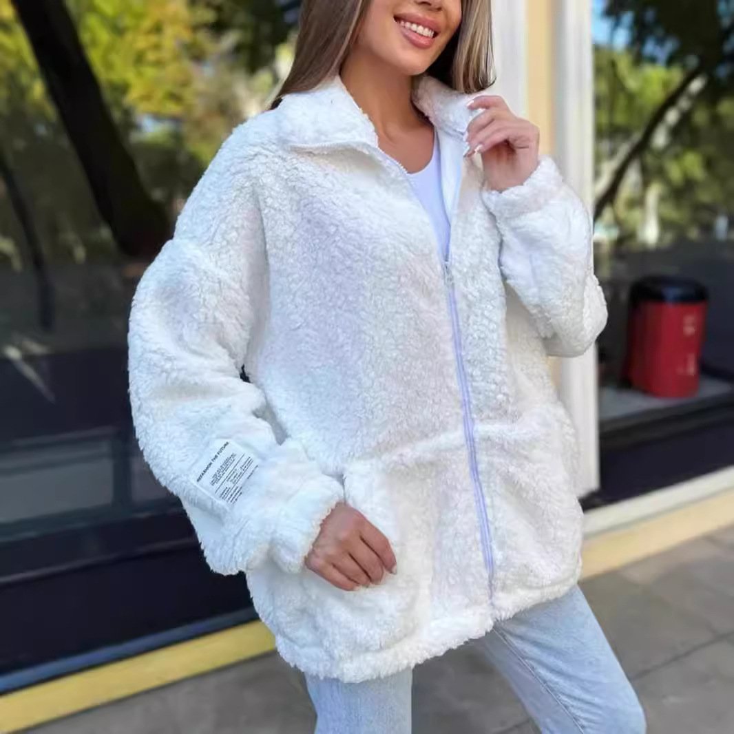 Women's Plain Sherpa Jacket Zipper Regular Loose Teddy Jacket