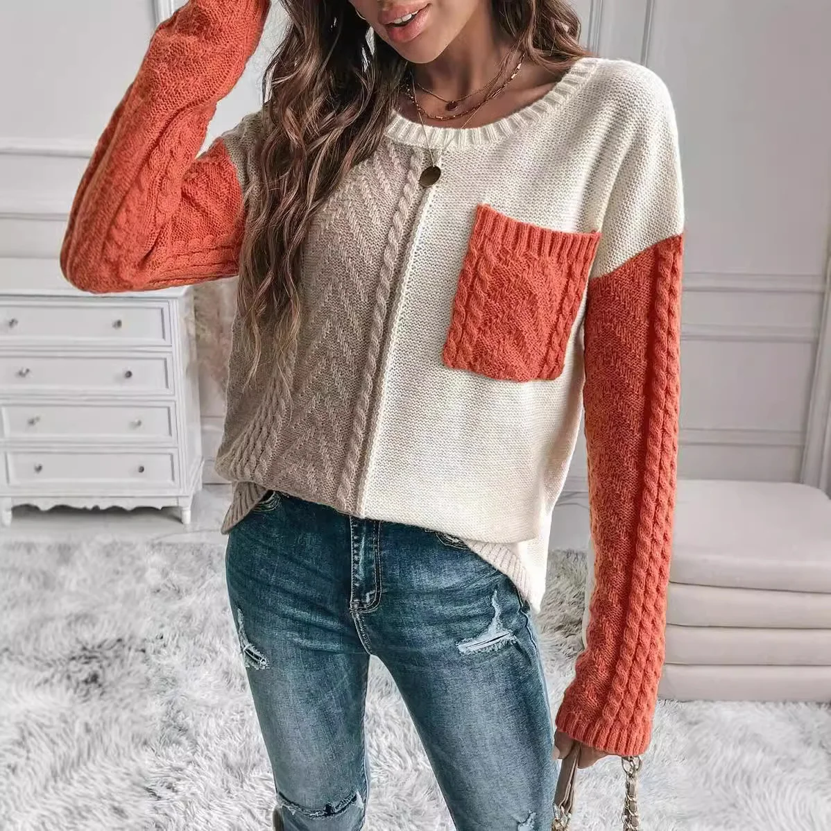 Women Wool/Knitting Color Block Long Sleeve Comfy Casual Sweater