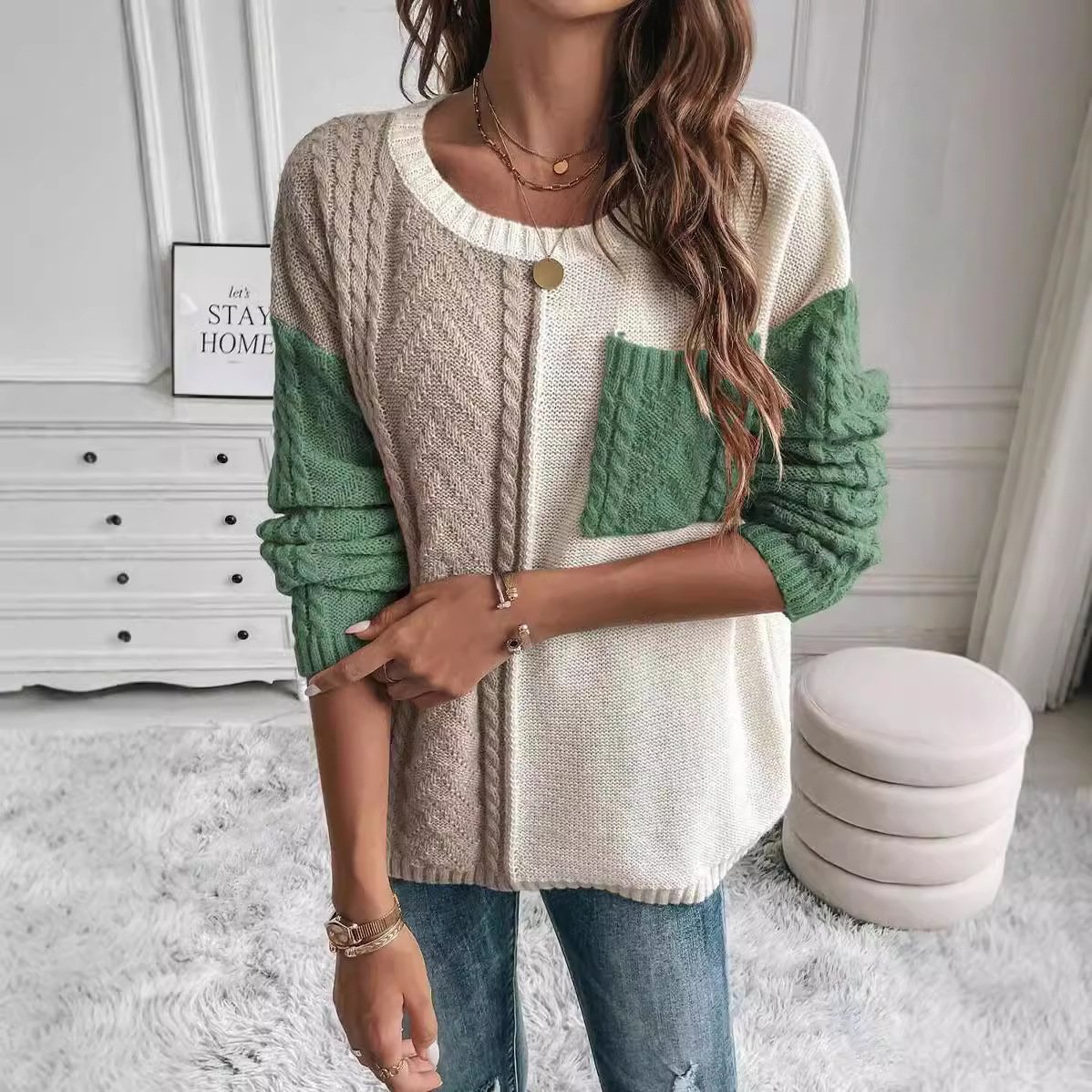 Women Wool/Knitting Color Block Long Sleeve Comfy Casual Sweater