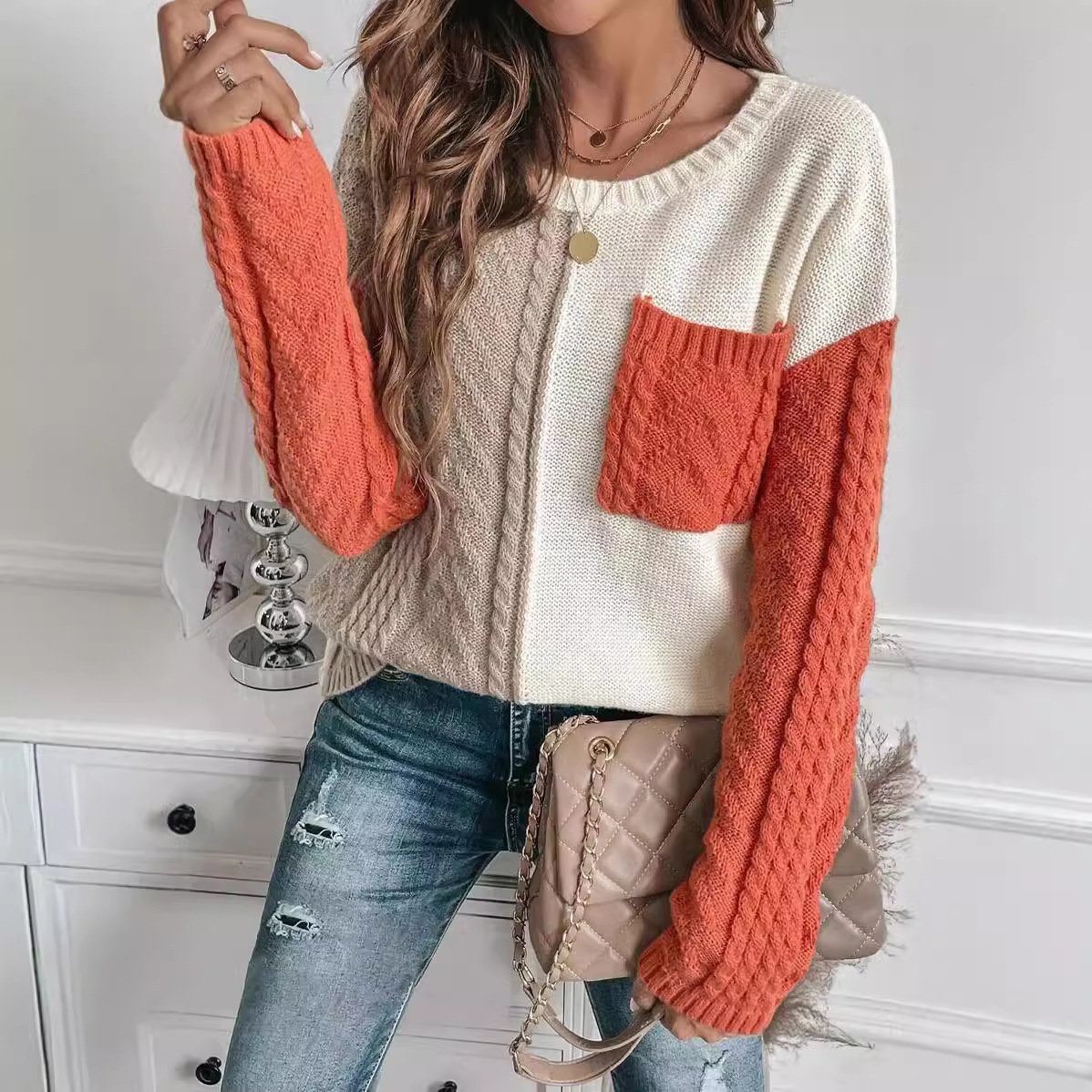 Women Wool/Knitting Color Block Long Sleeve Comfy Casual Sweater