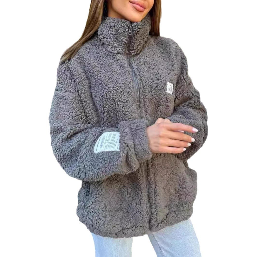 Women's Plain Sherpa Jacket Zipper Regular Loose Teddy Jacket