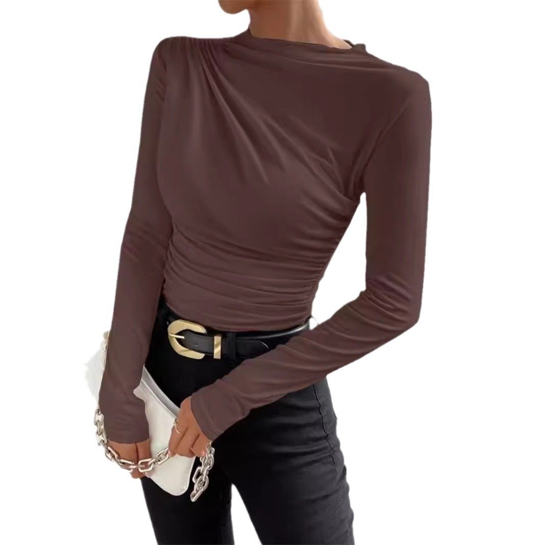 Crew Neck Long Sleeve Plain Regular Medium Elasticity Tight Blouse For Women