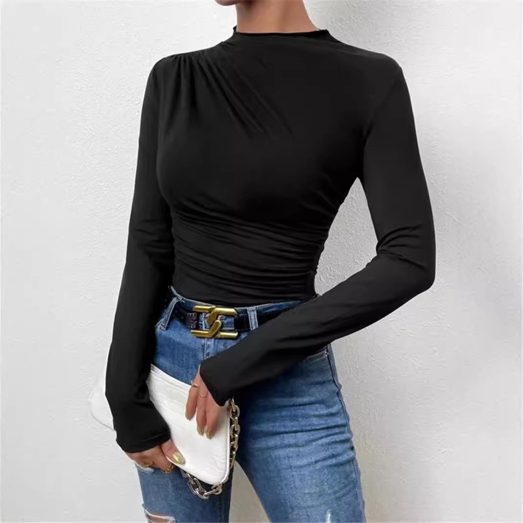 Crew Neck Long Sleeve Plain Regular Medium Elasticity Tight Blouse For Women