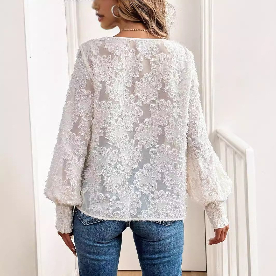 V Neck Puff Sleeve Long Sleeve Plain Lace Regular Loose Blouse For Women