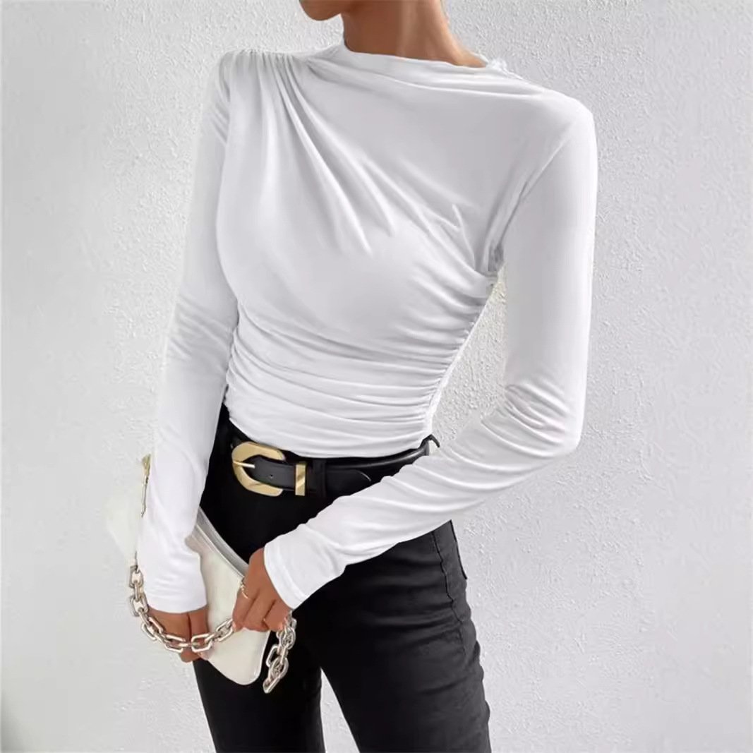 Crew Neck Long Sleeve Plain Regular Medium Elasticity Tight Blouse For Women