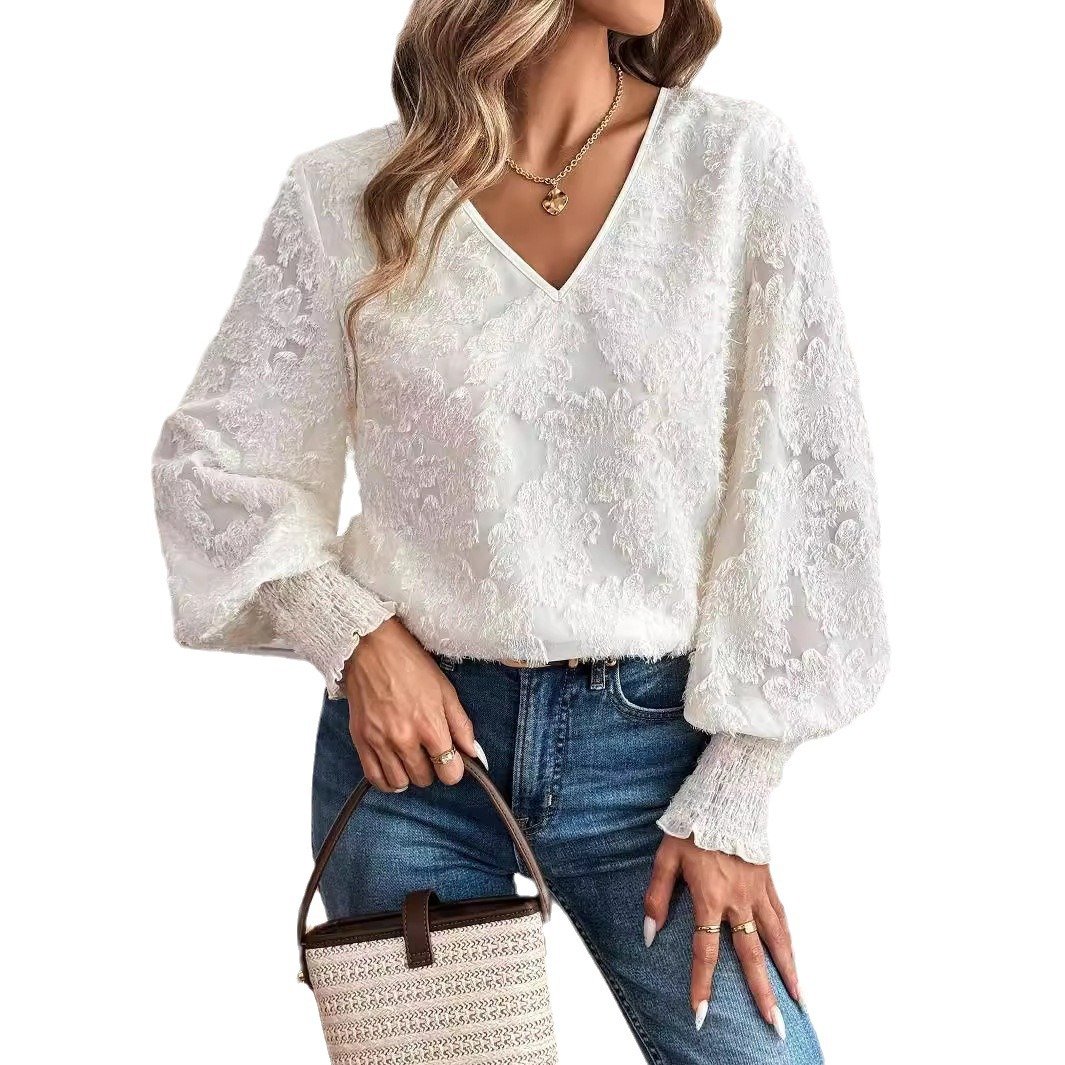 V Neck Puff Sleeve Long Sleeve Plain Lace Regular Loose Blouse For Women