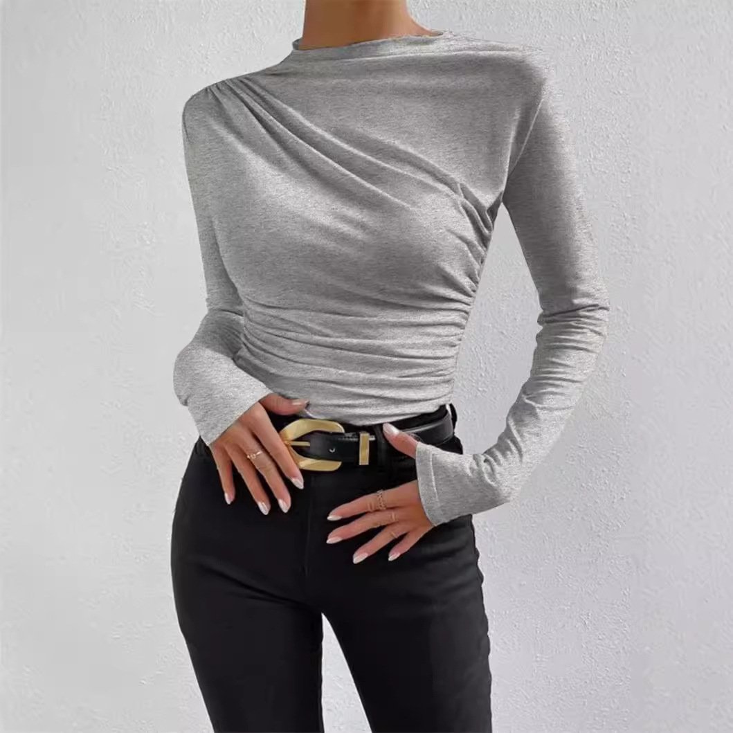 Crew Neck Long Sleeve Plain Regular Medium Elasticity Tight Blouse For Women