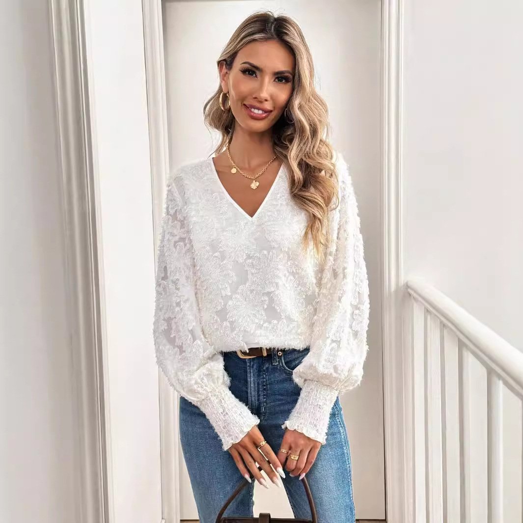 V Neck Puff Sleeve Long Sleeve Plain Lace Regular Loose Blouse For Women