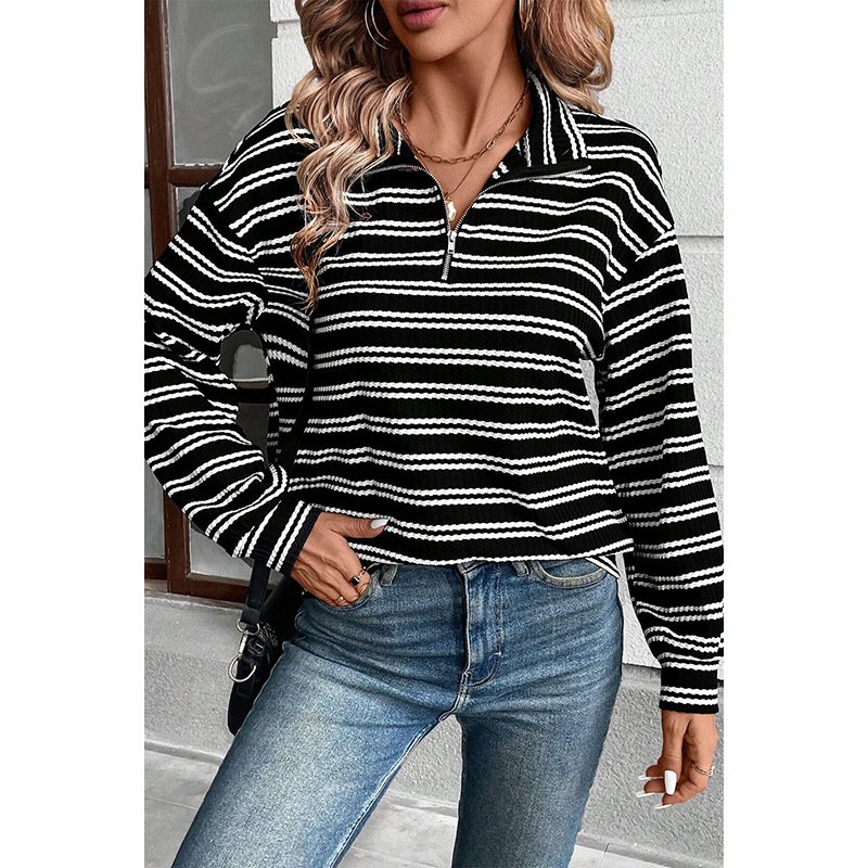 Casual Shawl Collar Striped Sweatshirt Zipper