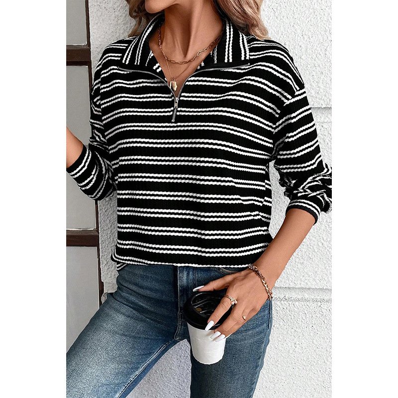 Casual Shawl Collar Striped Sweatshirt Zipper