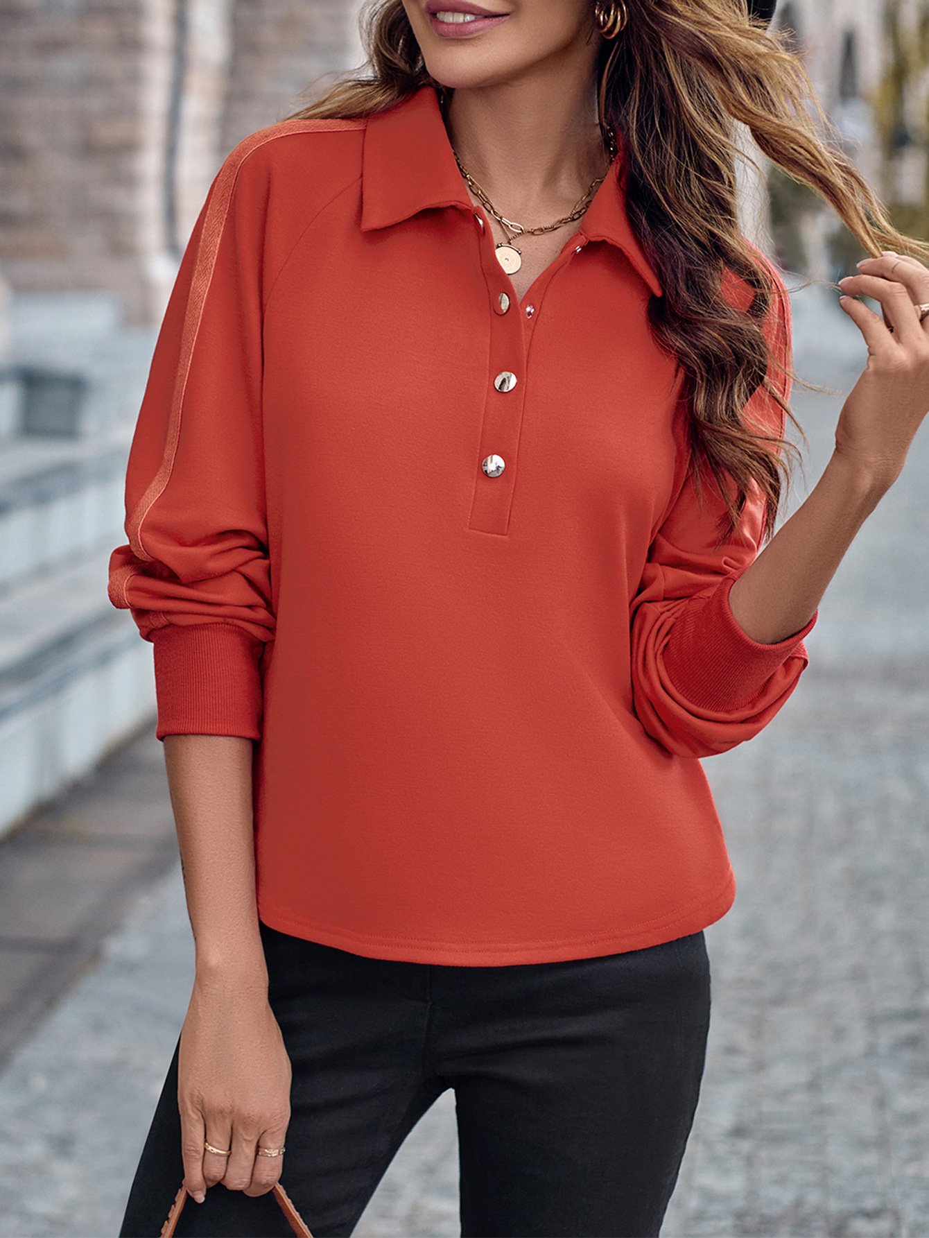 Shirt Collar Long Sleeve Plain Buckle Regular Medium Elasticity Loose Blouse For Women