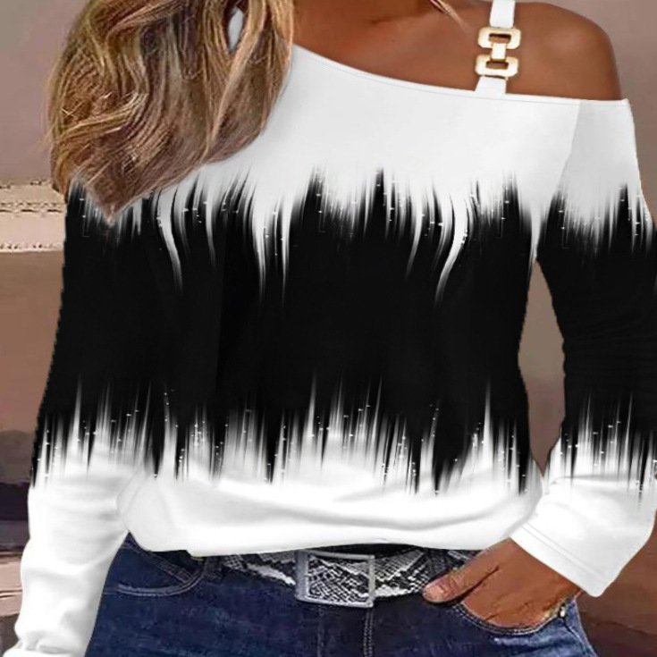 Asymmetrical Collar Long Sleeve Color Block Metal Regular Medium Elasticity Loose Blouse For Women