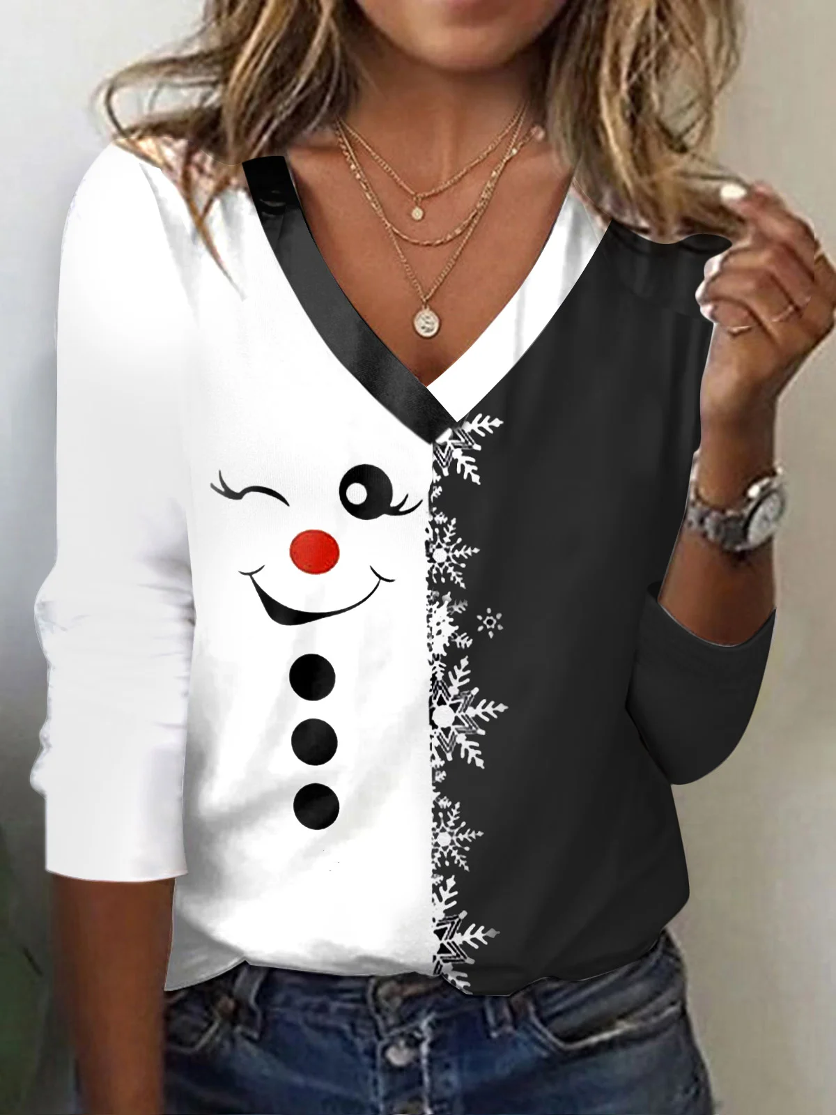 Casual Christmas V Neck Long Sleeve T-shirt