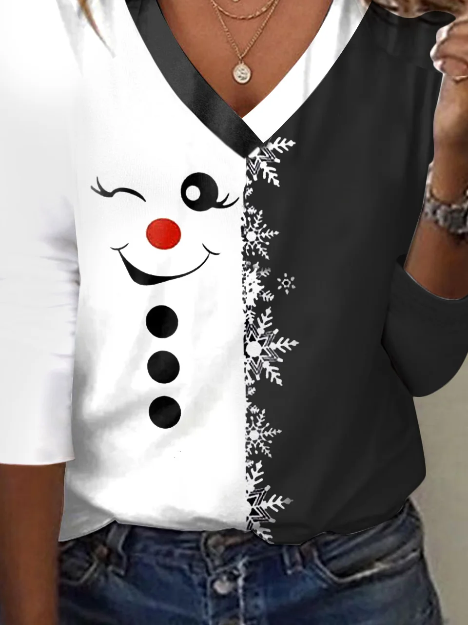 Casual Christmas V Neck Long Sleeve T-shirt