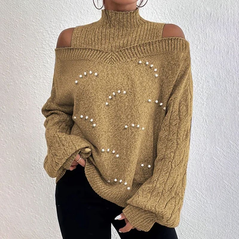 Women Wool/Knitting Plain Long Sleeve Comfy Casual Beaded Sweater