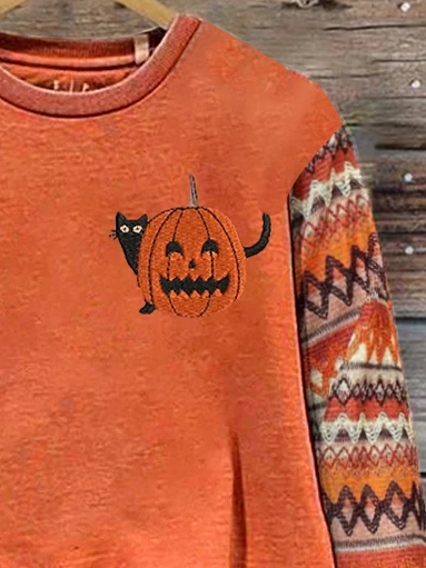Halloween Pumpkin Printing Sweatshirt Vintage Crew Neck Comfy Cotton Top
