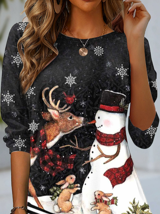 Casual Christmas Crew Neck Long Sleeve T-shirt