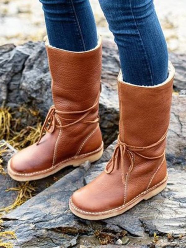 Vintage Plain Wearable Lace-Up Block Heel Snow Boots