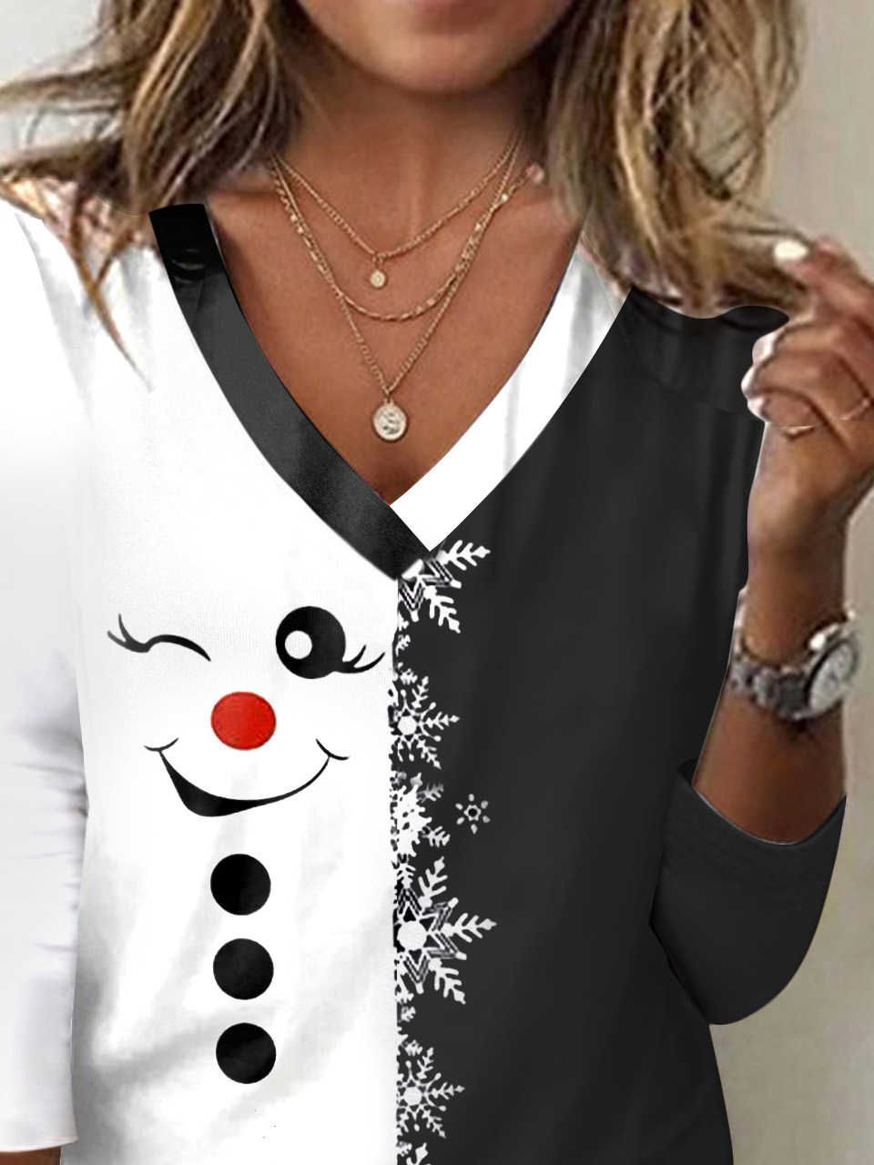 Casual Christmas V Neck Long Sleeve T-shirt