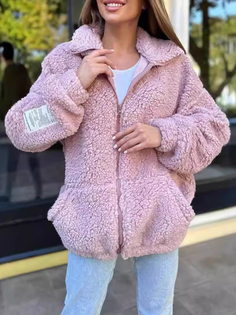 Women's Plain Sherpa Jacket Zipper Regular Loose Teddy Jacket