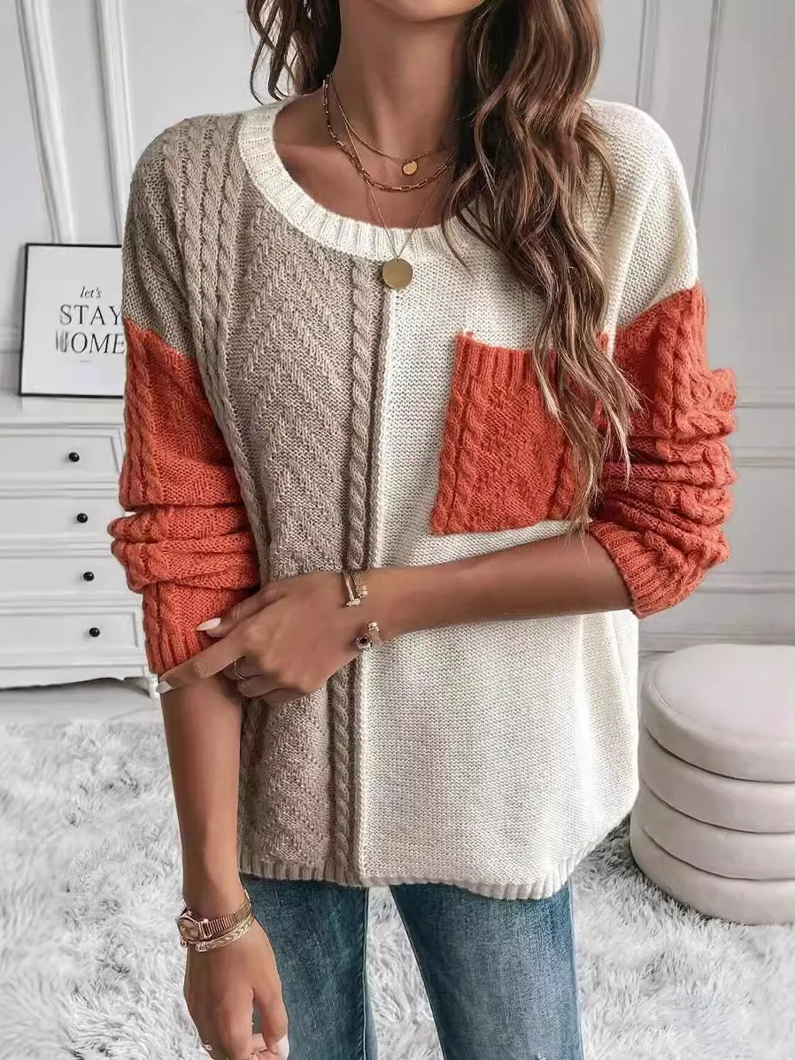 Women Wool/Knitting Color Block Long Sleeve Comfy Casual Sweater