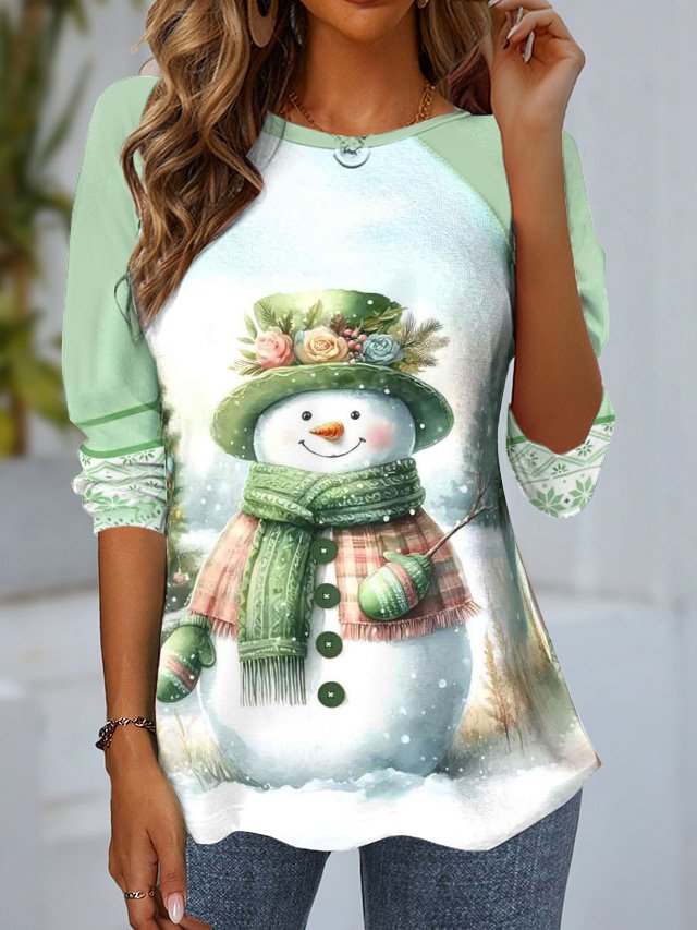 Casual Christmas Snowman Crew Neck Long Sleeve T-shirt