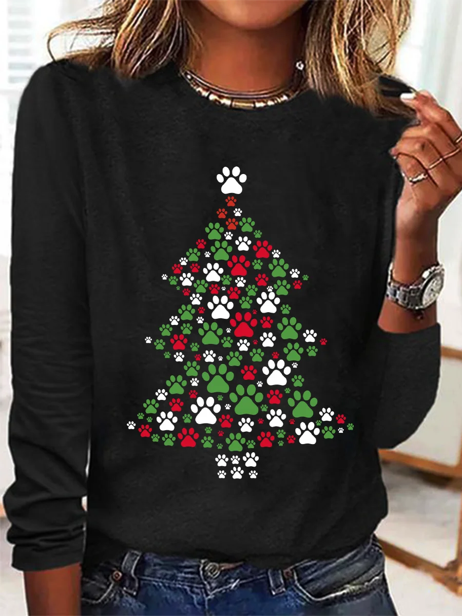 Casual Christmas Crew Neck Long Sleeve T-shirt