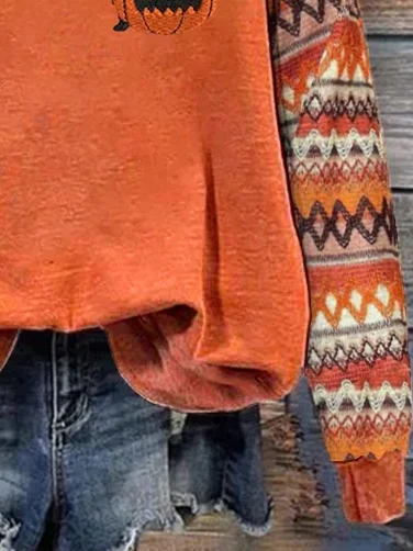 Halloween Pumpkin Printing Sweatshirt Vintage Crew Neck Comfy Cotton Top