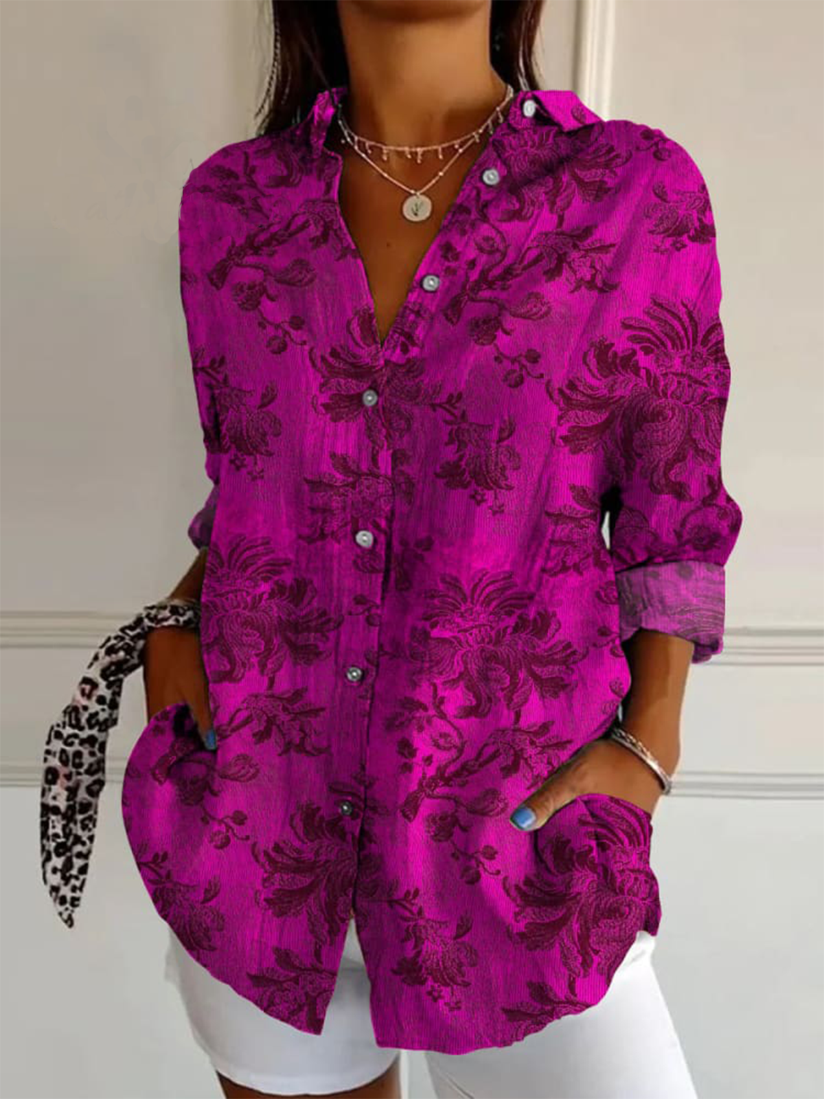 Shawl Collar Long Sleeve Floral Regular Micro-Elasticity Loose Shirt For Women