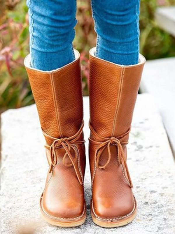 Vintage Plain Wearable Lace-Up Block Heel Snow Boots