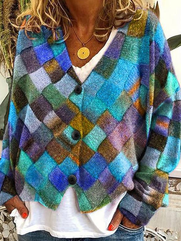 Women Wool/Knitting Geometric Long Sleeve Comfy Casual Cardigan