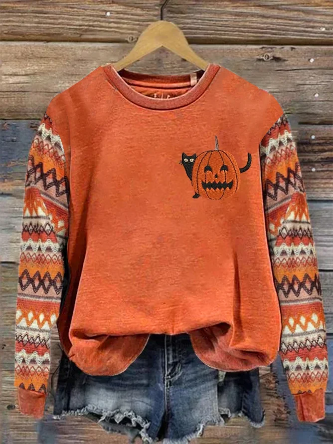 Halloween Pumpkin Printing Sweatshirt Vintage Crew Neck Comfy Cotton Top