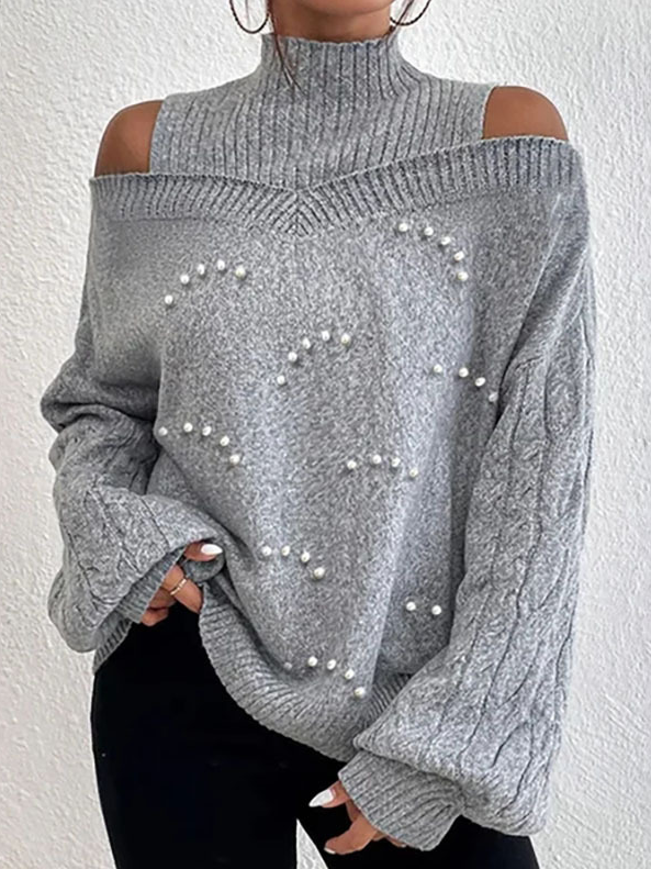 Women Wool/Knitting Plain Long Sleeve Comfy Casual Beaded Sweater