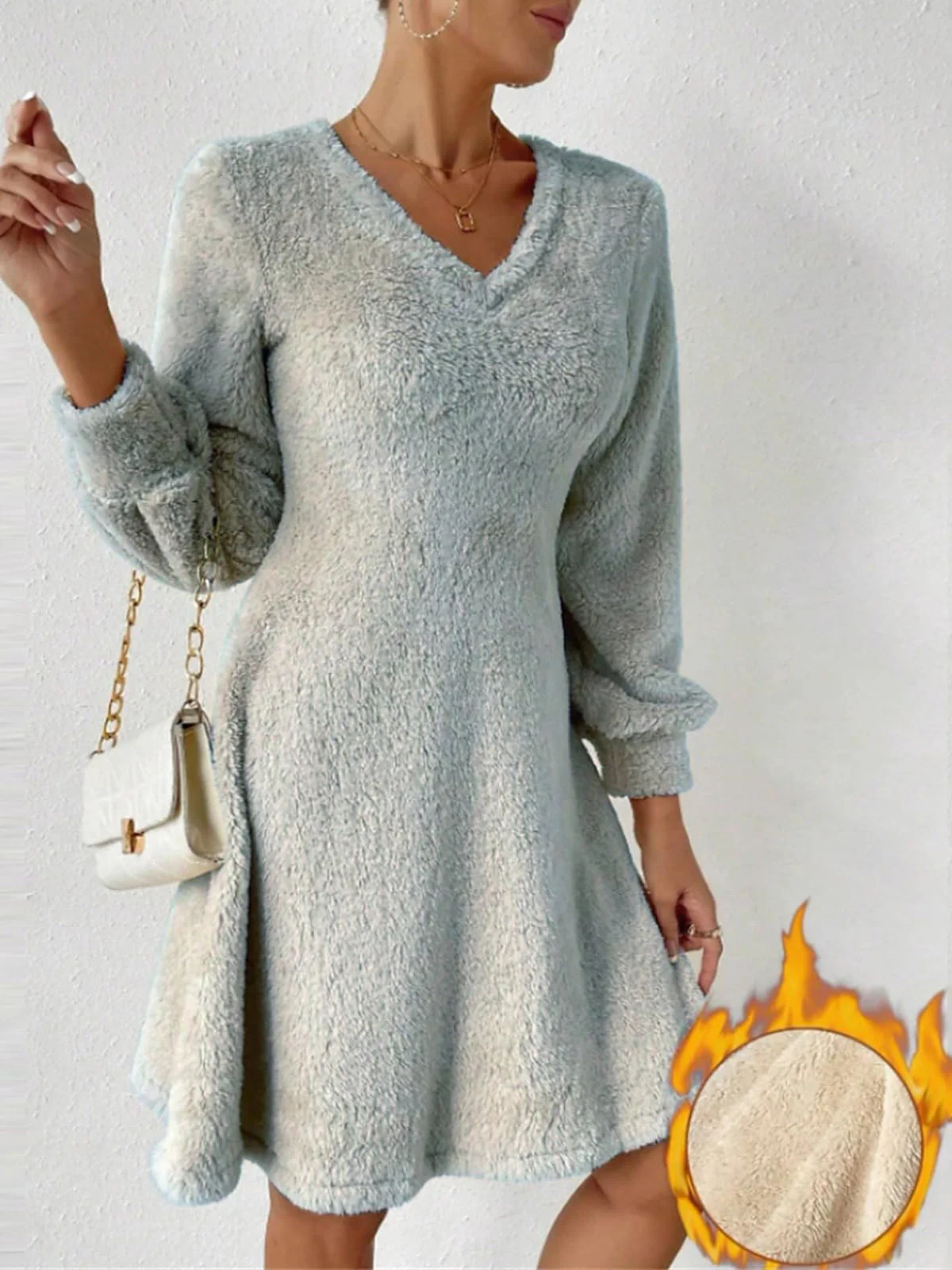 Women Plain V Neck Long Sleeve Comfy Casual Midi Dress