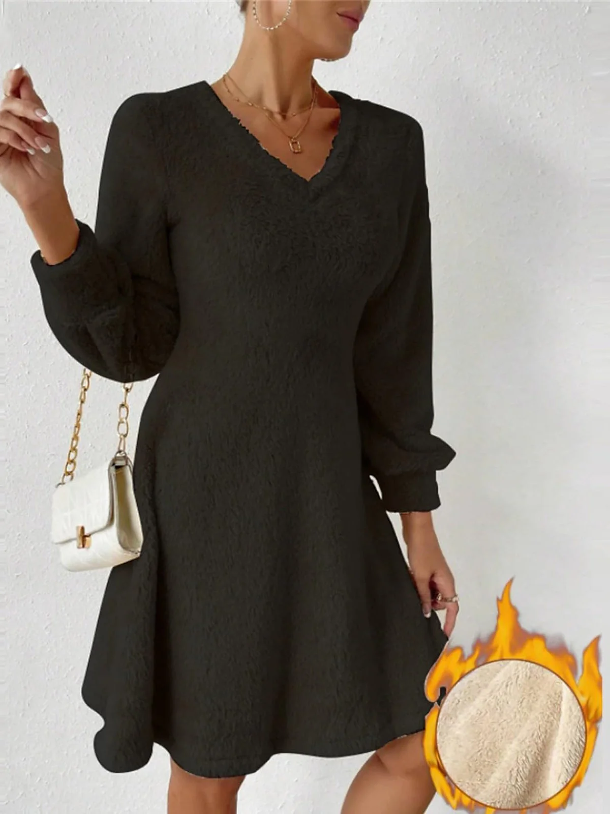 Women Plain V Neck Long Sleeve Comfy Casual Midi Dress