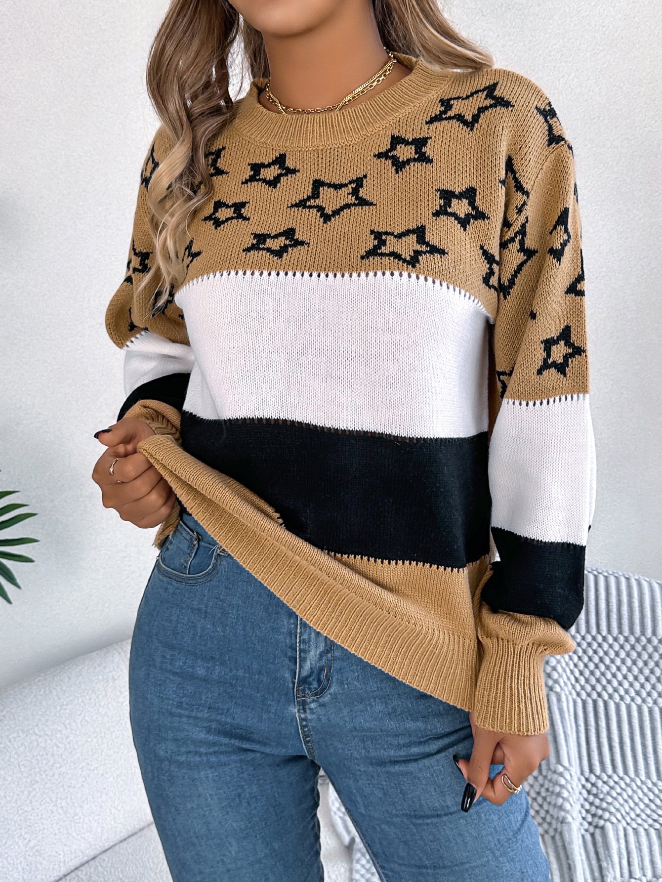 Women Yarn/Wool Yarn Striped Long Sleeve Comfy Casual Sweater