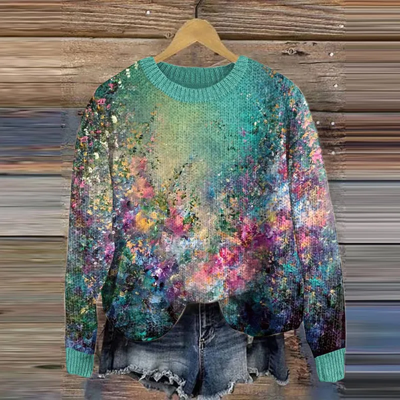 Women Knitted Floral Long Sleeve Comfy Casual Sweater