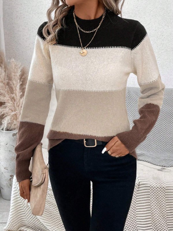 Women Yarn/Wool Yarn Striped Long Sleeve Comfy Casual Sweater