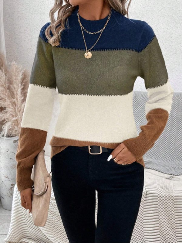 Women Yarn/Wool Yarn Striped Long Sleeve Comfy Casual Sweater