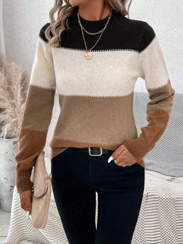 Women Yarn/Wool Yarn Striped Long Sleeve Comfy Casual Sweater