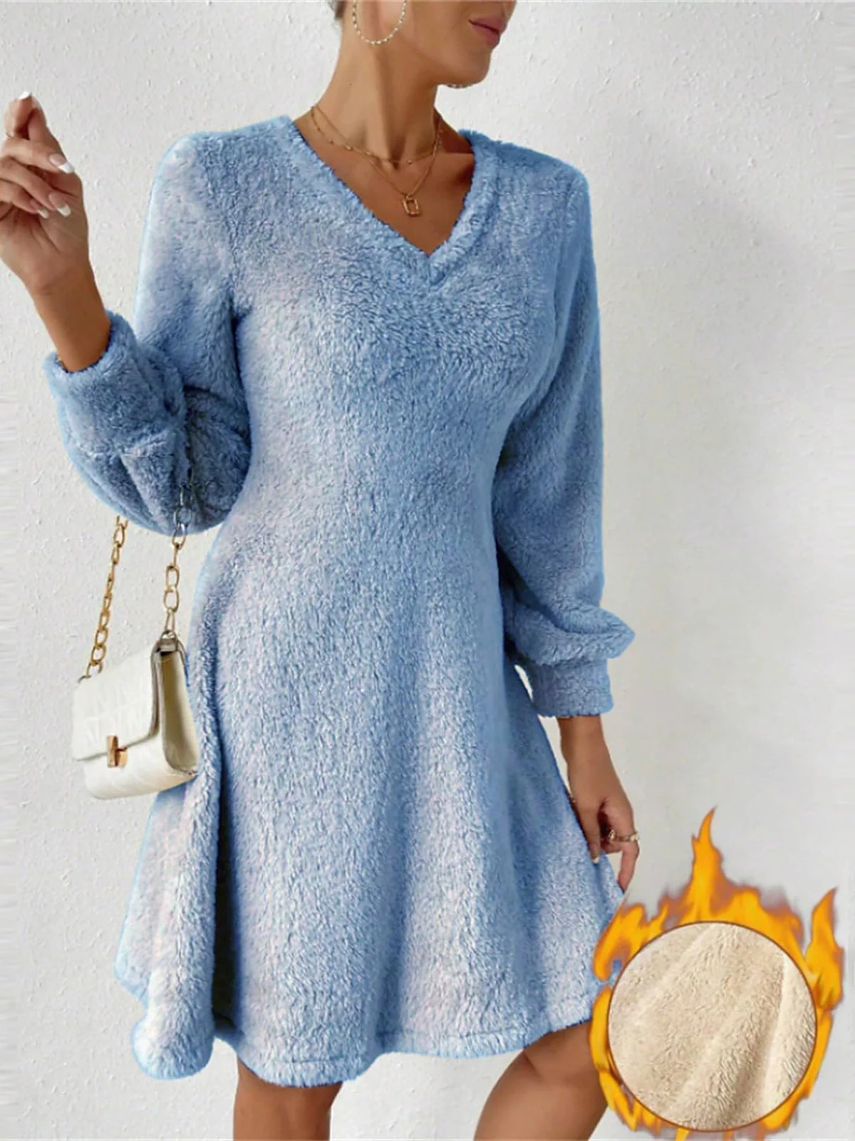 Women Plain V Neck Long Sleeve Comfy Casual Midi Dress