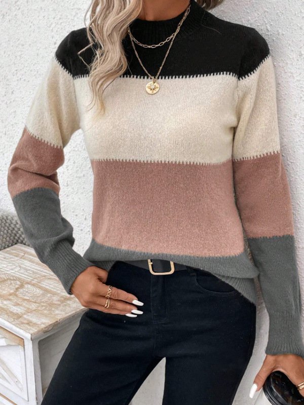 Women Yarn/Wool Yarn Striped Long Sleeve Comfy Casual Sweater