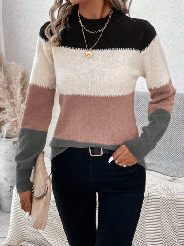 Women Yarn/Wool Yarn Striped Long Sleeve Comfy Casual Sweater