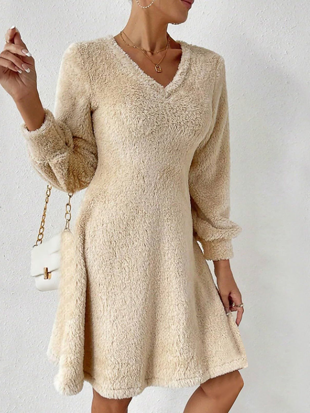 Women Plain V Neck Long Sleeve Comfy Casual Midi Dress