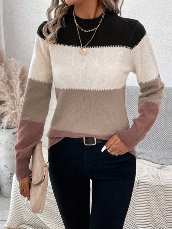 Women Yarn/Wool Yarn Striped Long Sleeve Comfy Casual Sweater