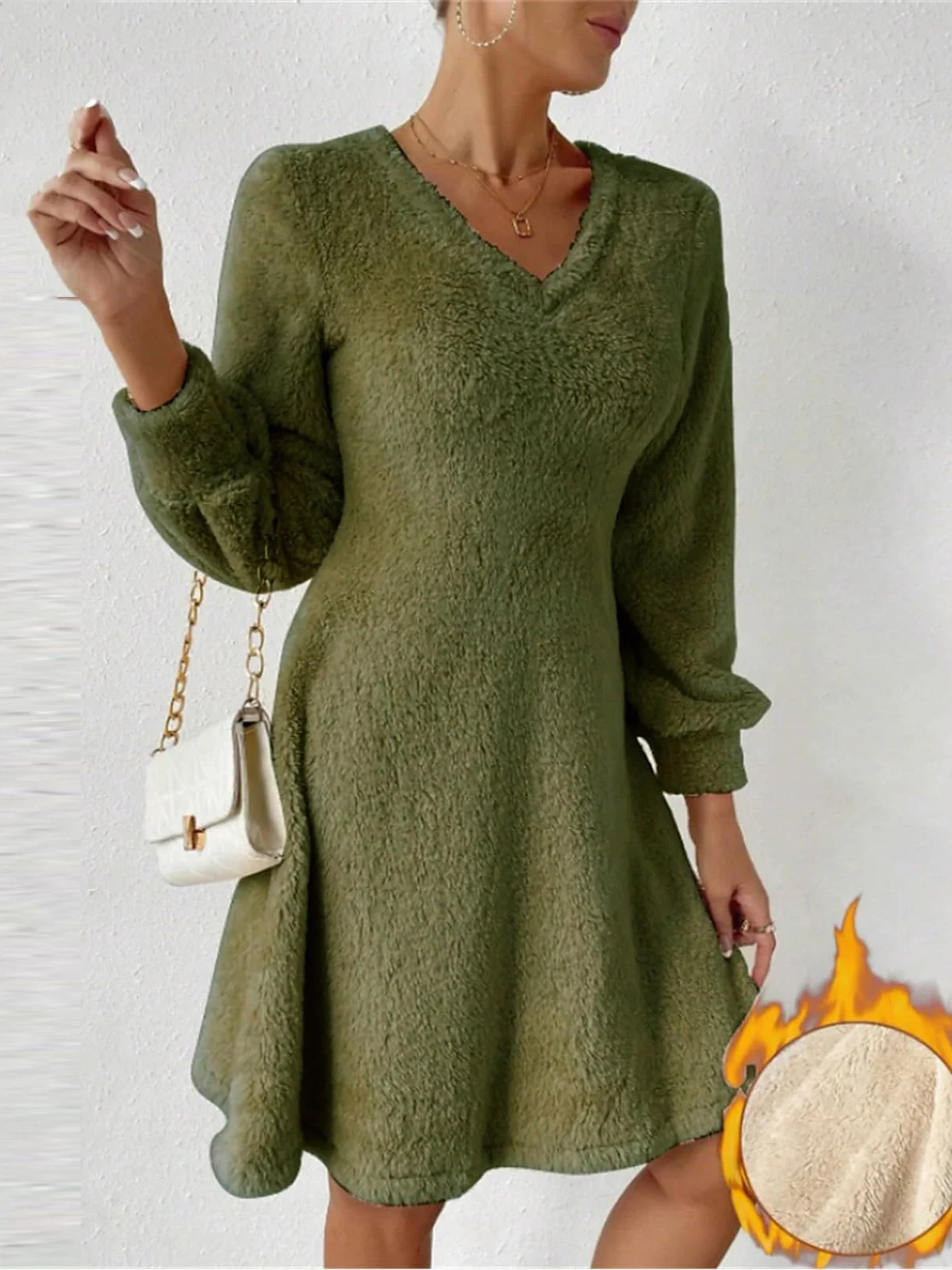 Women Plain V Neck Long Sleeve Comfy Casual Midi Dress