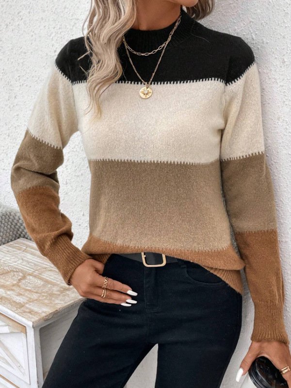 Women Yarn/Wool Yarn Striped Long Sleeve Comfy Casual Sweater