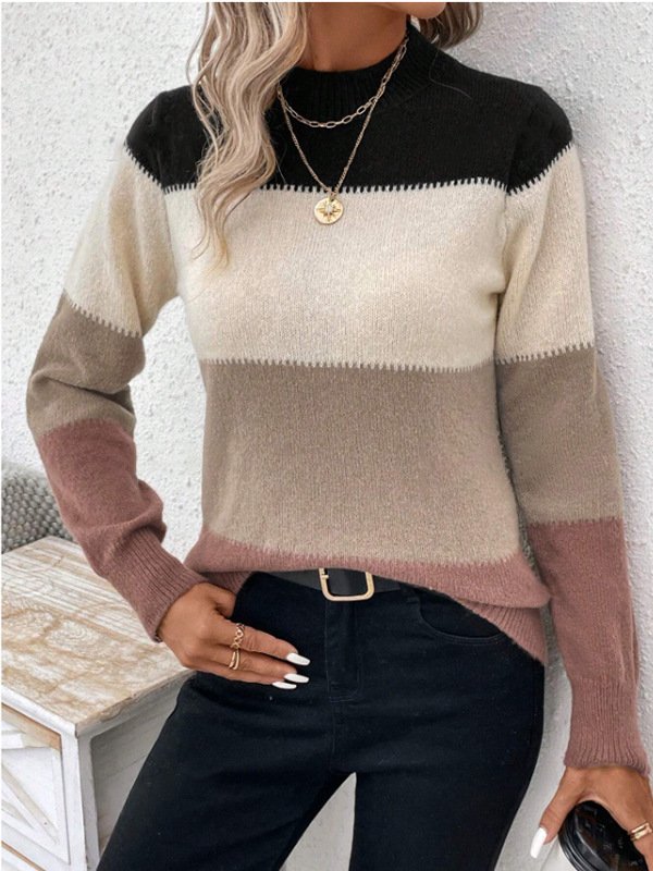 Women Yarn/Wool Yarn Striped Long Sleeve Comfy Casual Sweater